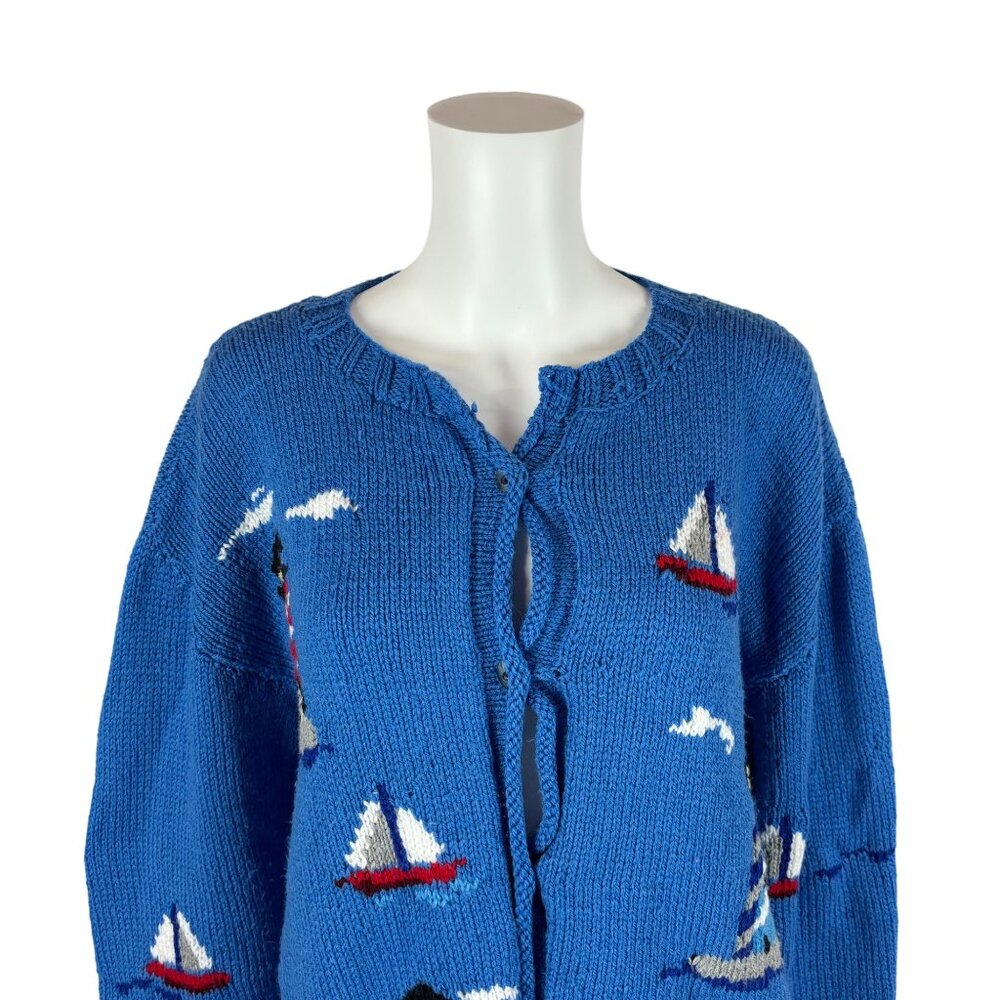 Vintage Lighthouse Cardigan Women's 2X Blue Novelty Nautical Sailboats Handmade - Picture 2 of 12